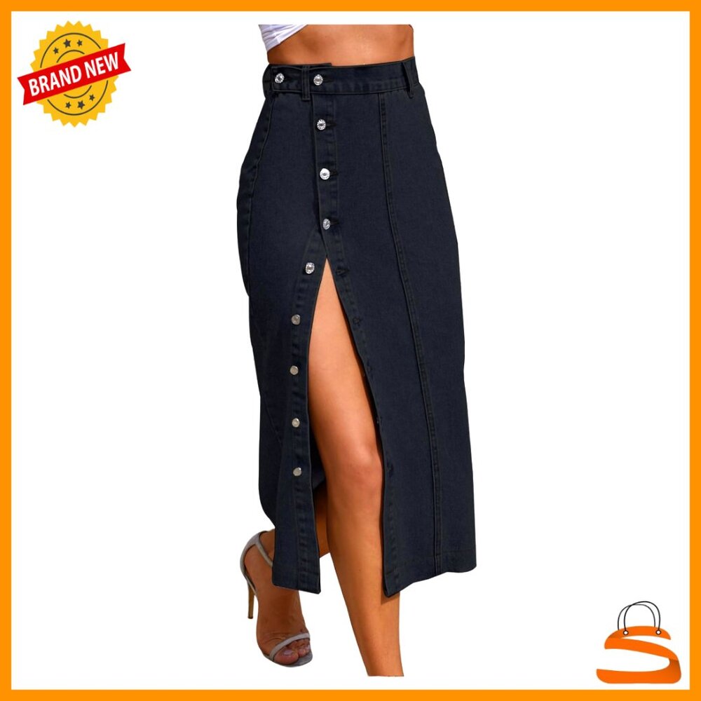 Asymmetrical Denim Midi Skirt Button Front High Waisted Y2k Chic